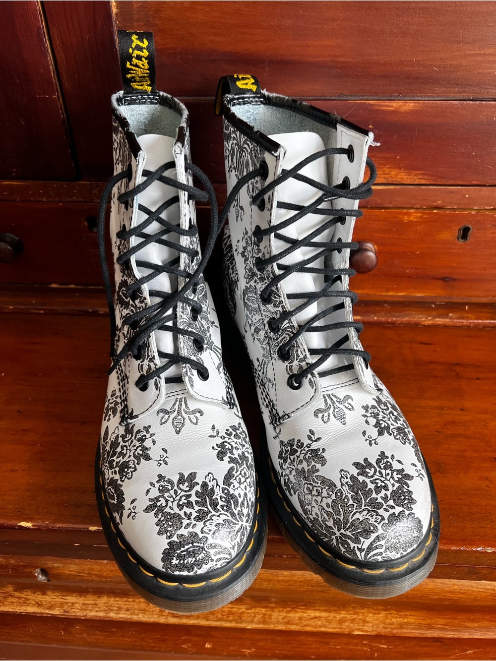 Dr. Martens White Black Floral Lace-Up Combat Boots - Picture 2 of 8